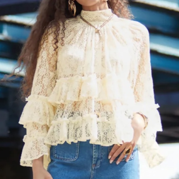 ASOS DESIGN high neck lace tiered top in cream - Picture 1 of 7